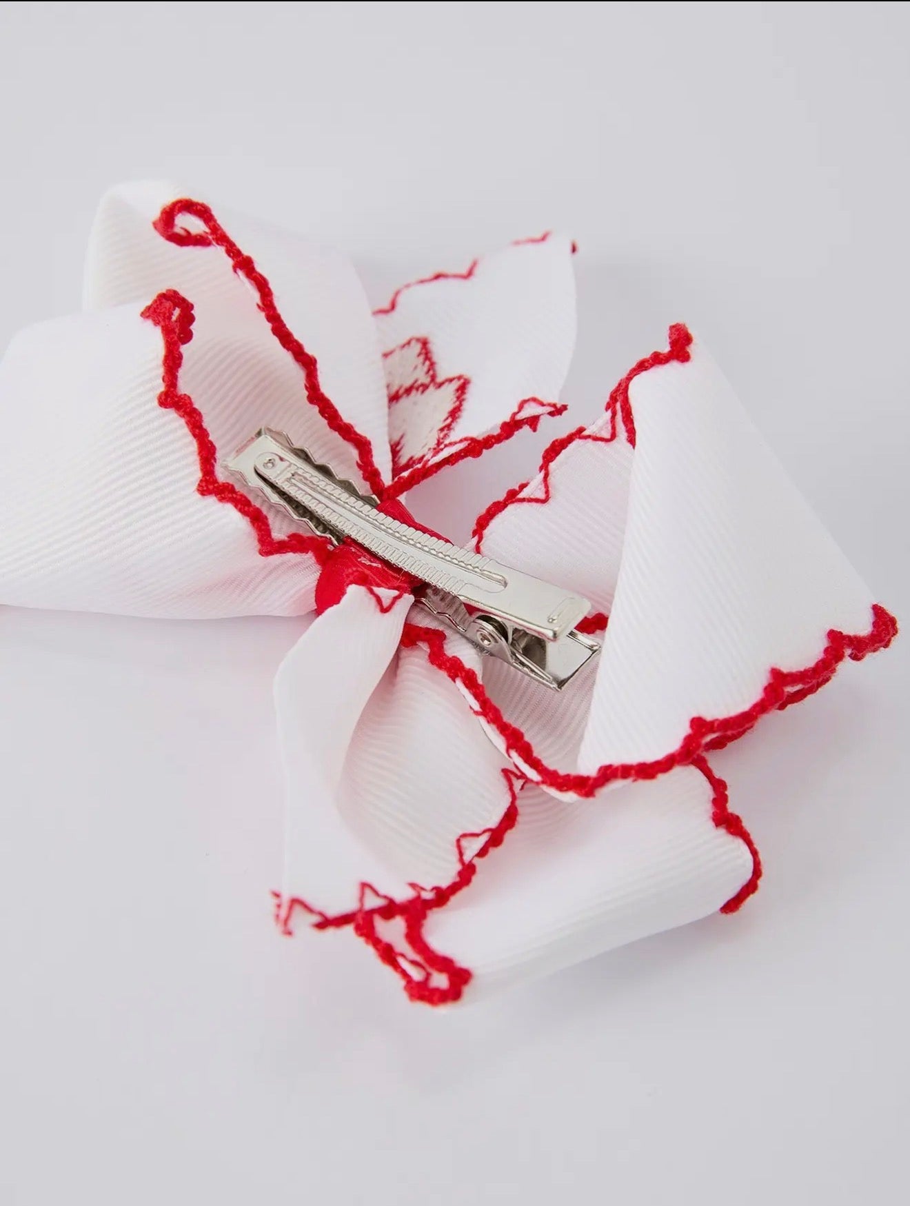 Hair Bow- White Ribbon with Red Heart Embroidery