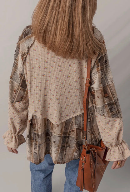 Boho Floral Plaid Patchwork Distressed Shacket