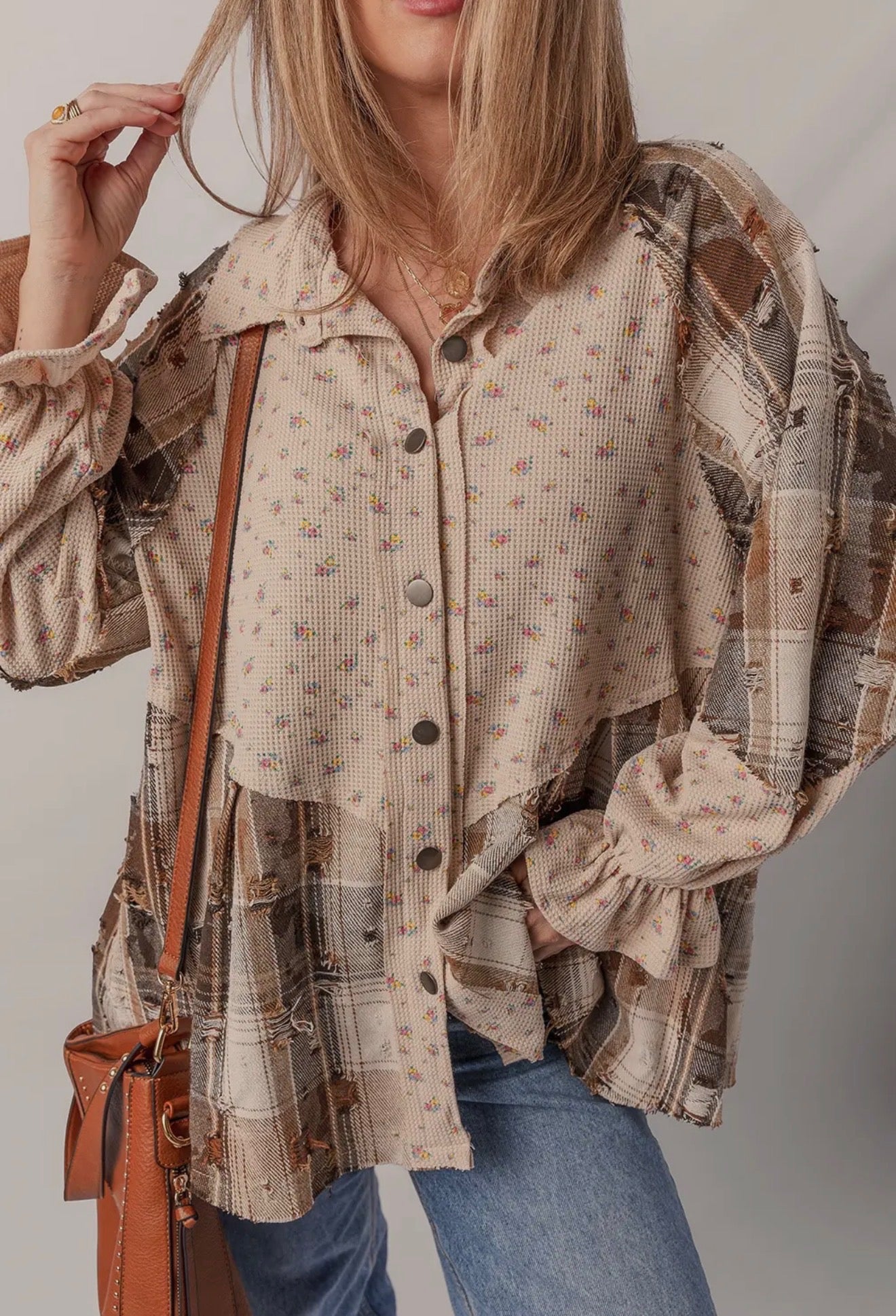 Boho Floral Plaid Patchwork Distressed Shacket