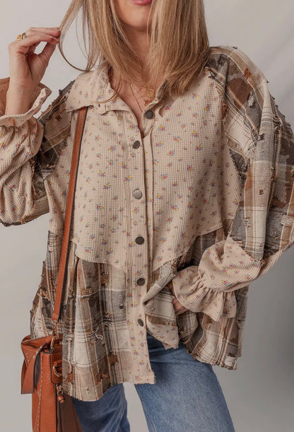 Boho Floral Plaid Patchwork Distressed Shacket