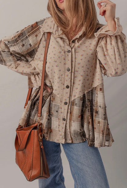 Boho Floral Plaid Patchwork Distressed Shacket