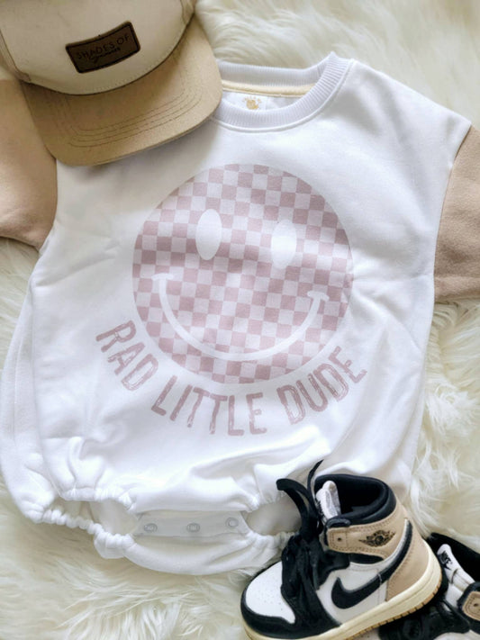 Boys Bubble Romper Rad Little Dude Tan Check