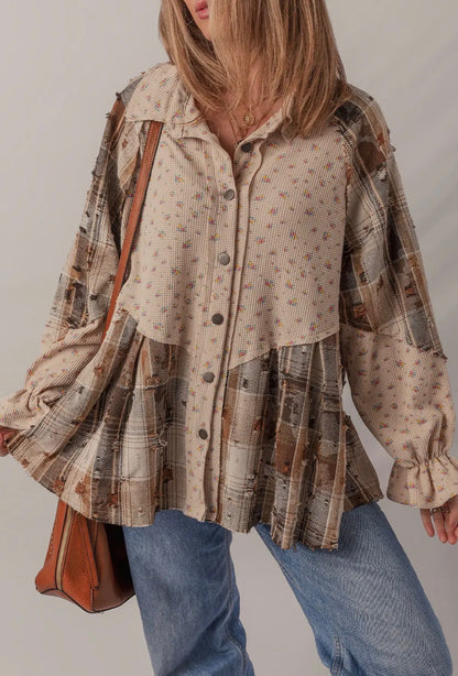 Boho Floral Plaid Patchwork Distressed Shacket