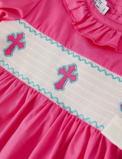 Pink Smocked Church Christ Bishop Christening Bow Girl Dress