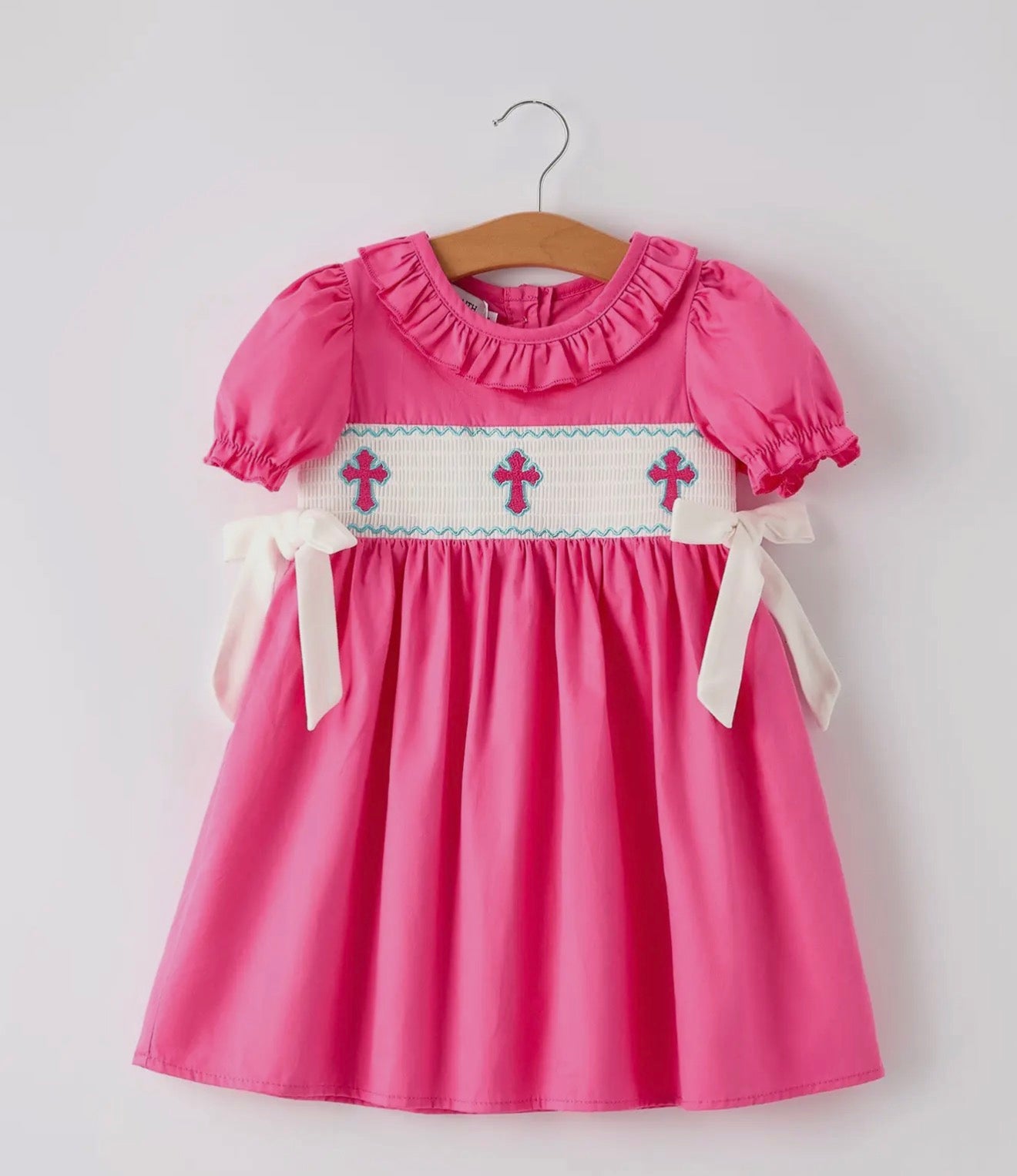 Pink Smocked Church Christ Bishop Christening Bow Girl Dress