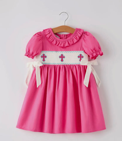 Pink Smocked Church Christ Bishop Christening Bow Girl Dress