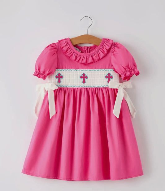 Pink Smocked Church Christ Bishop Christening Bow Girl Dress