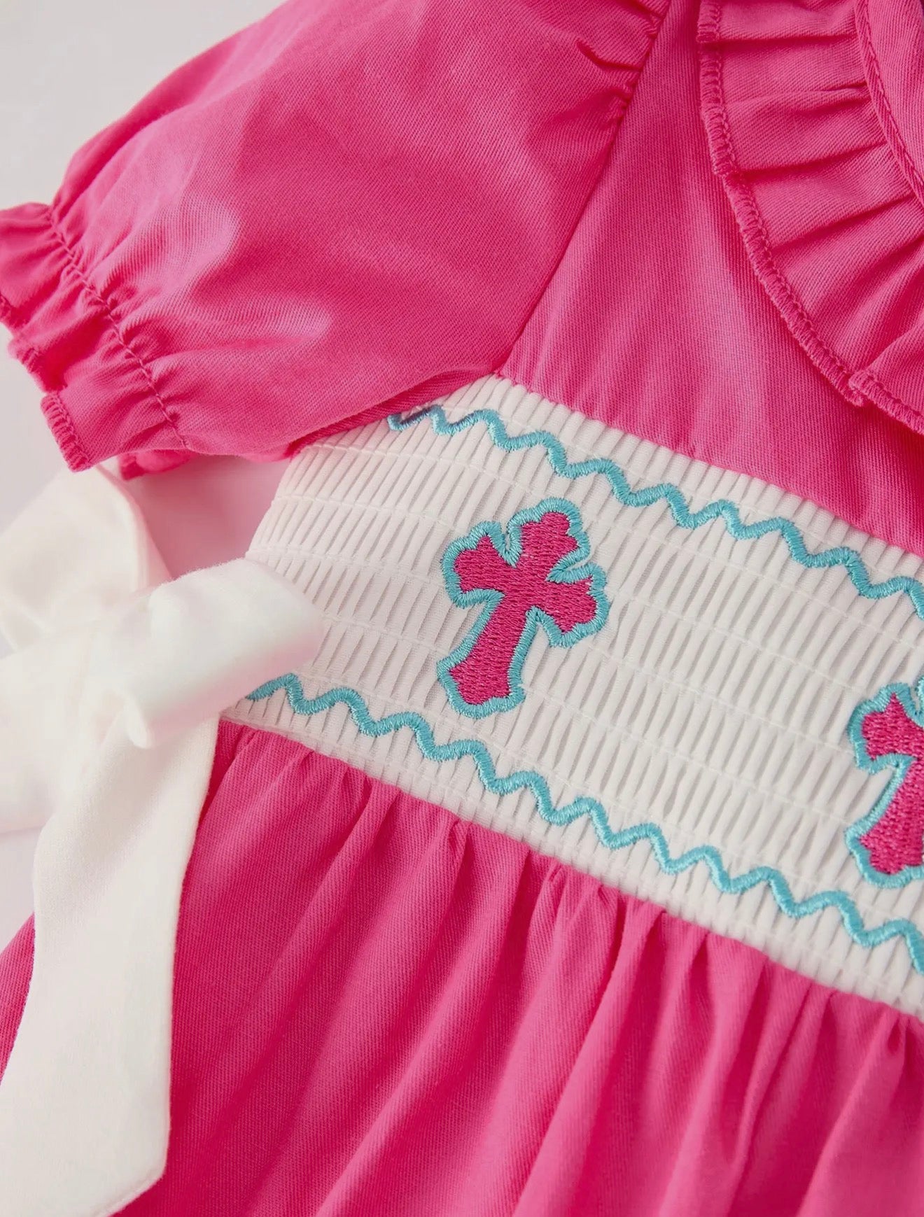 Pink Smocked Church Christ Bishop Christening Bow Baby Girl Romper