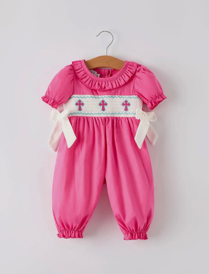 Pink Smocked Church Christ Bishop Christening Bow Baby Girl Romper