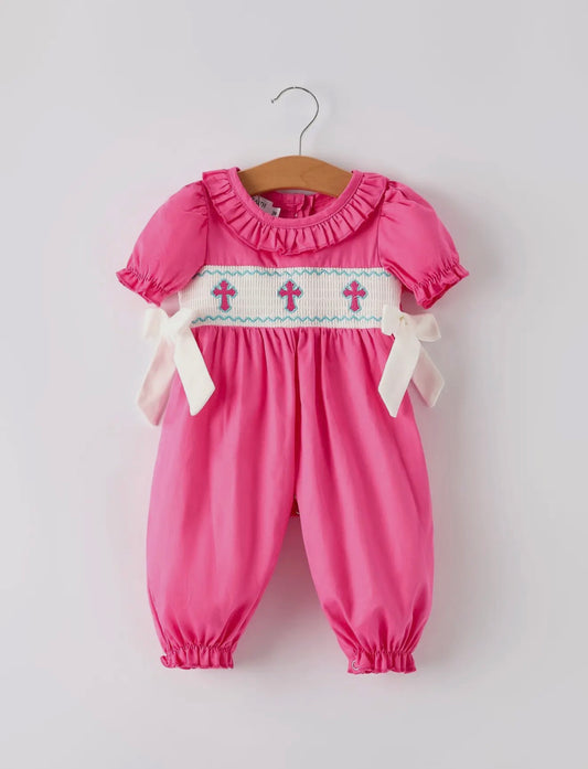 Pink Smocked Church Christ Bishop Christening Bow Baby Girl Romper