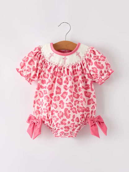 Pink Smocked Church Christ Bishop Christening Leopard Girl Romper