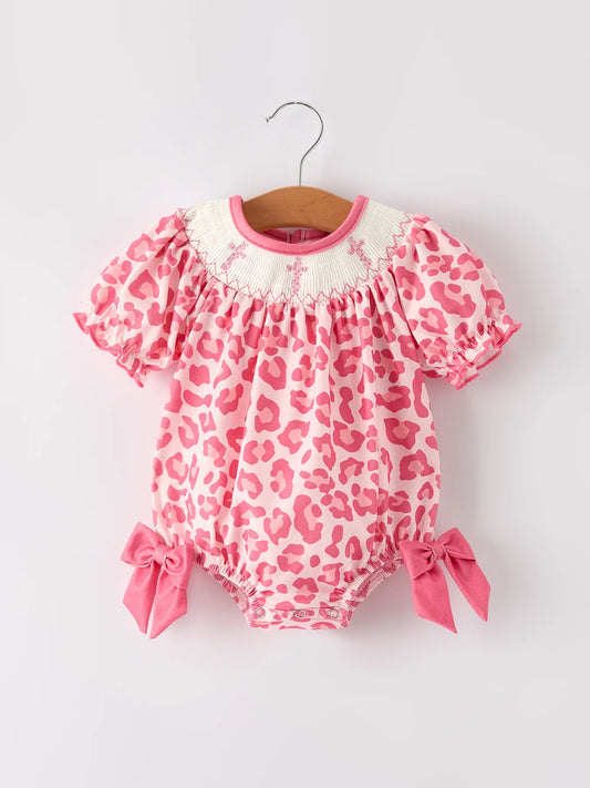 Pink Smocked Church Christ Bishop Christening Leopard Girl Romper