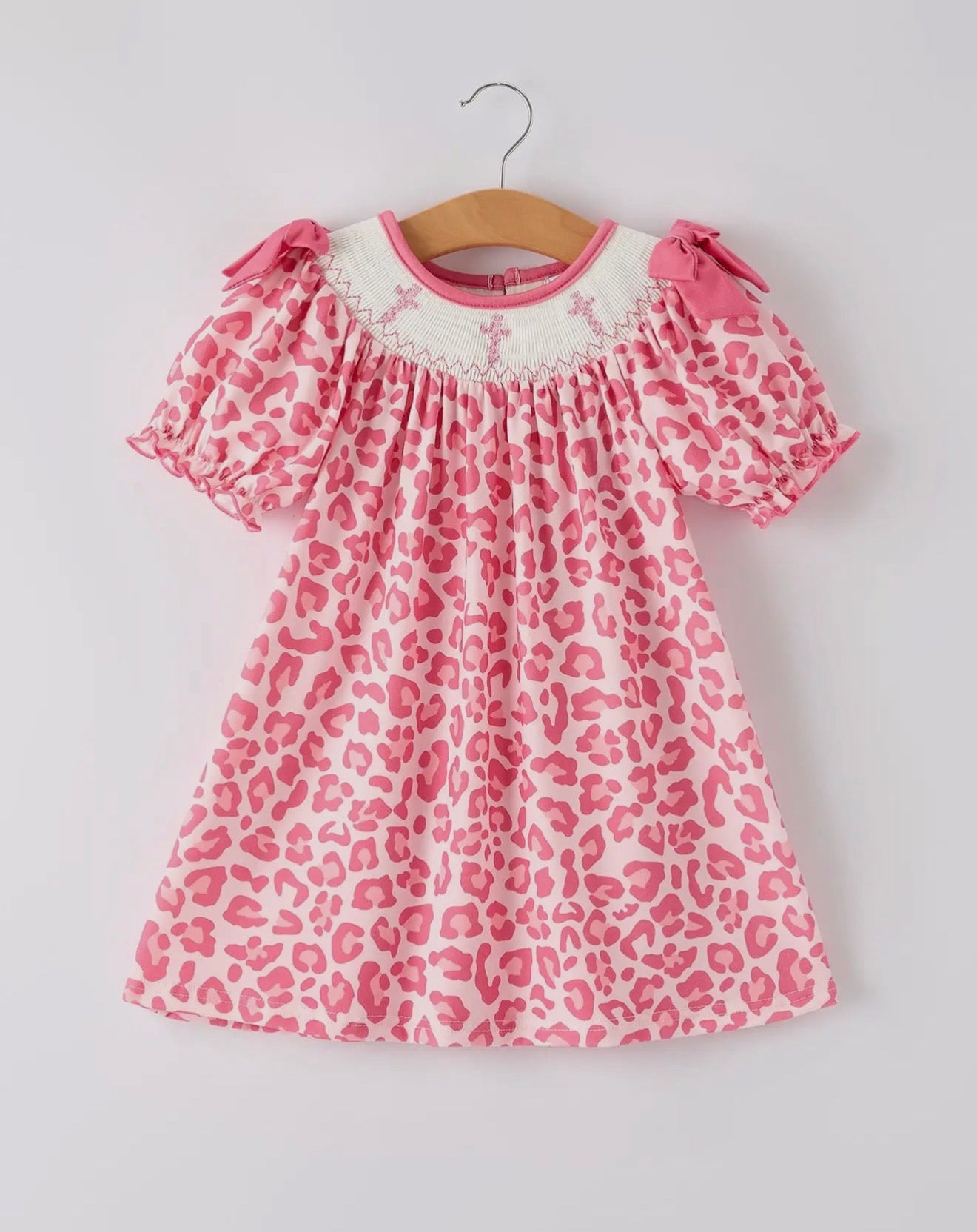 Pink Smocked Church Christ Bishop Christening Leopard Girl Dress