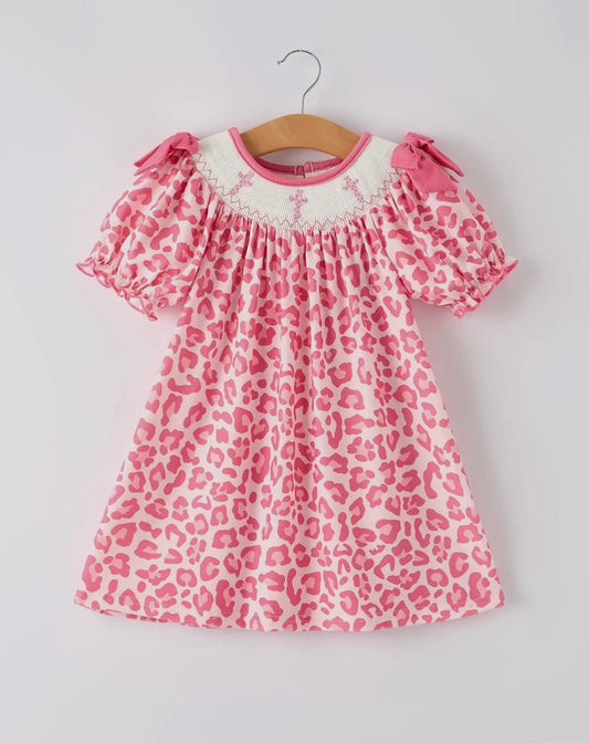 Pink Smocked Church Christ Bishop Christening Leopard Girl Dress