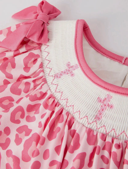 Pink Smocked Church Christ Bishop Christening Leopard Girl Dress