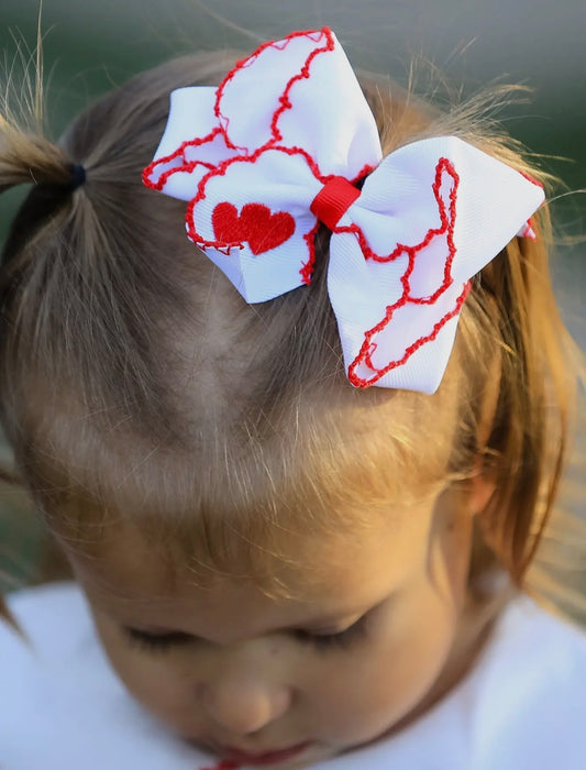 Hair Bow- White Ribbon with Red Heart Embroidery