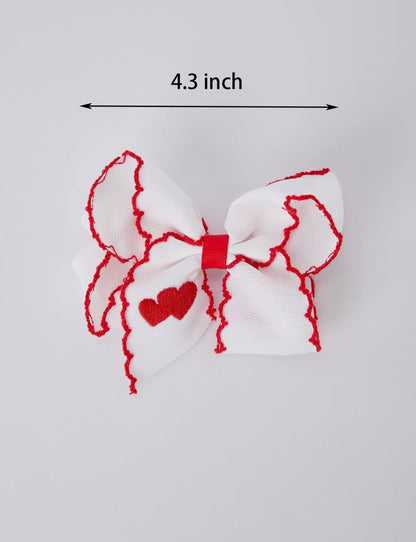 Hair Bow- White Ribbon with Red Heart Embroidery