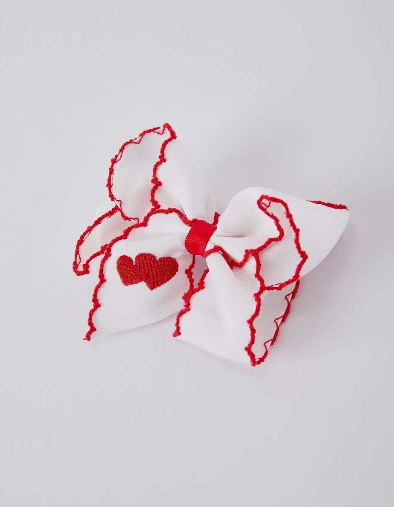 Hair Bow- White Ribbon with Red Heart Embroidery