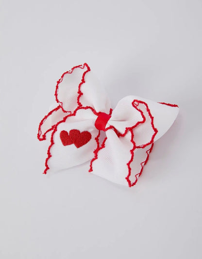 Hair Bow- White Ribbon with Red Heart Embroidery