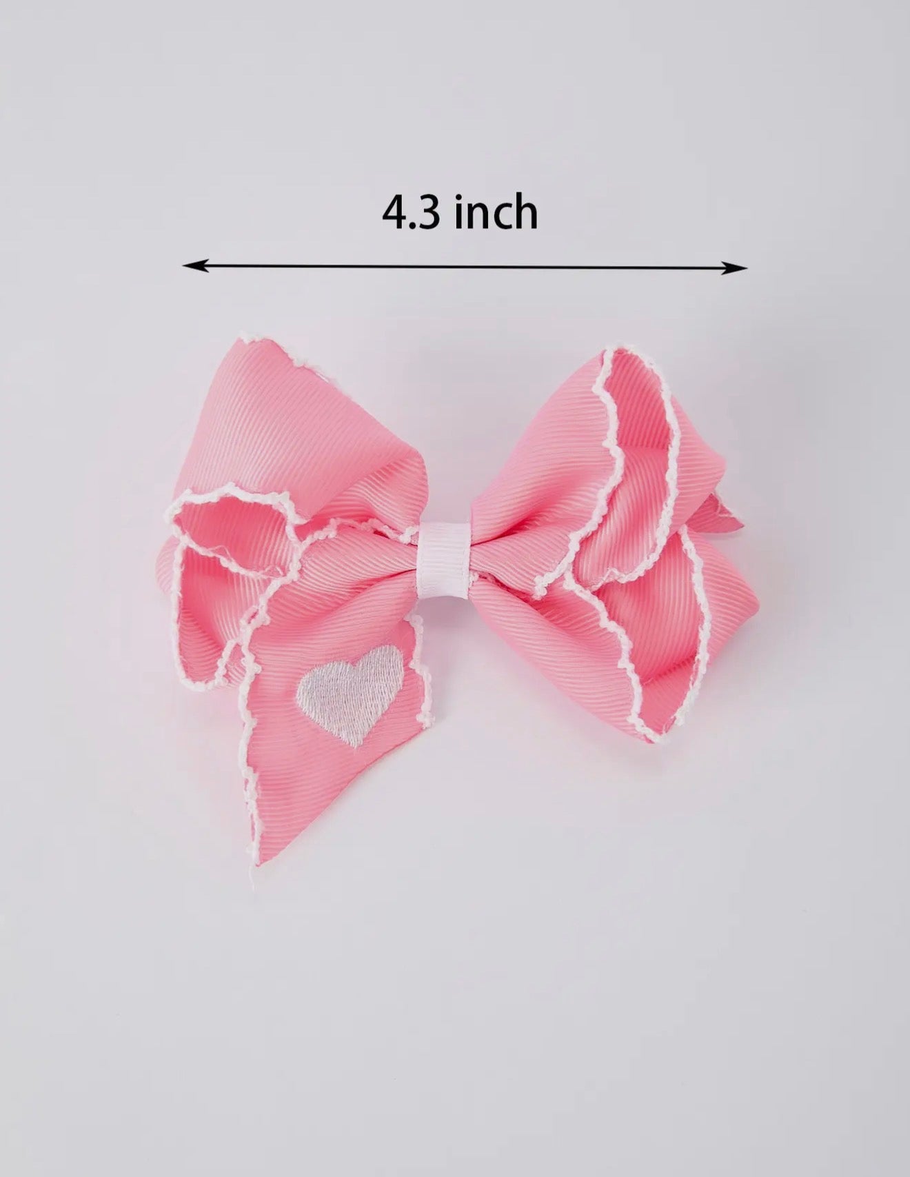 Cute Pink Bow Hair Clip with White Heart Embroidery