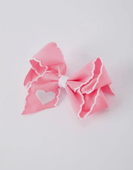 Cute Pink Bow Hair Clip with White Heart Embroidery