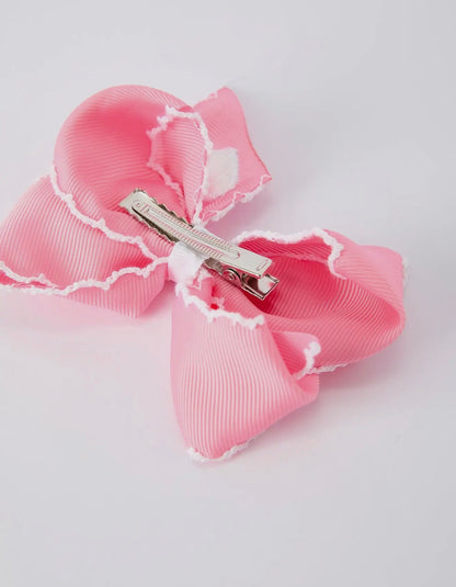 Cute Pink Bow Hair Clip with White Heart Embroidery