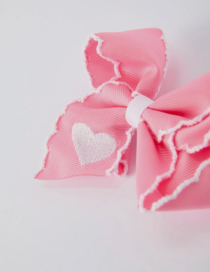 Cute Pink Bow Hair Clip with White Heart Embroidery