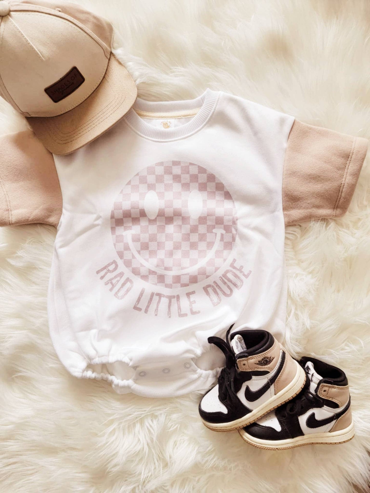 Boys Bubble Romper Rad Little Dude Tan Check