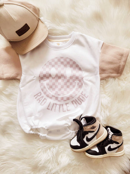 Boys Bubble Romper Rad Little Dude Tan Check